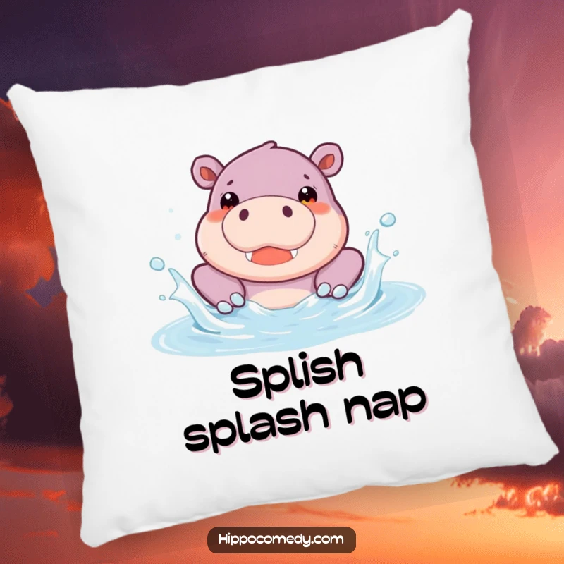 Funny Hippo Pool Pillow featuring a cute hippopotamus character splashing joyfully in a pool. Soft and decorative cushion, ideal for beds and sofas.