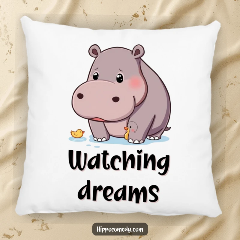 Funny hippo with a curious gaze observing a tiny duck on a soft pillow, adding humorous decor.