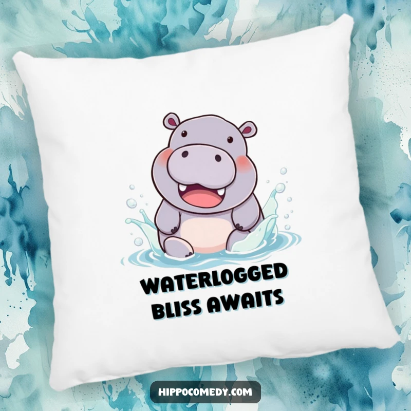 Funny Pillow: A chubby hippopotamus with a huge smile splashes happily in colorful water, perfect for a cozy nook.