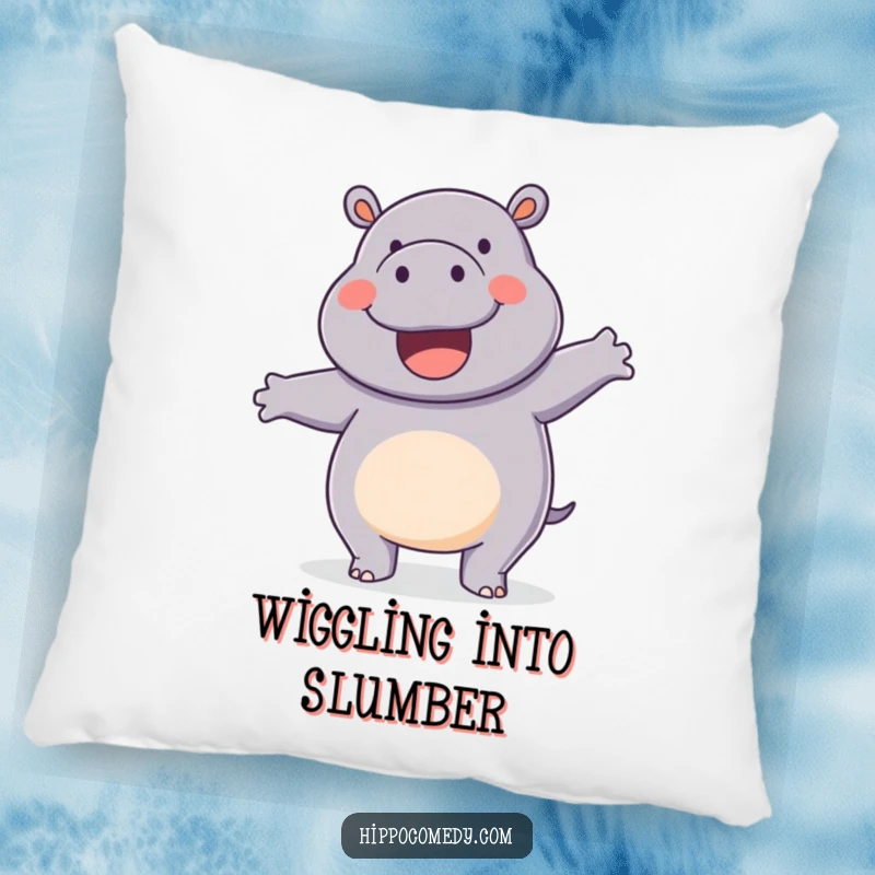 Funny pillow with a happy hippopotamus doing a silly wiggle dance, ideal for comfort and decor.