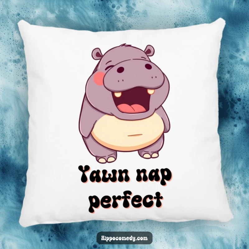 Funny pillow depicting a hippopotamus with its mouth open in a happy yawn, offering a cute and comforting home accent.