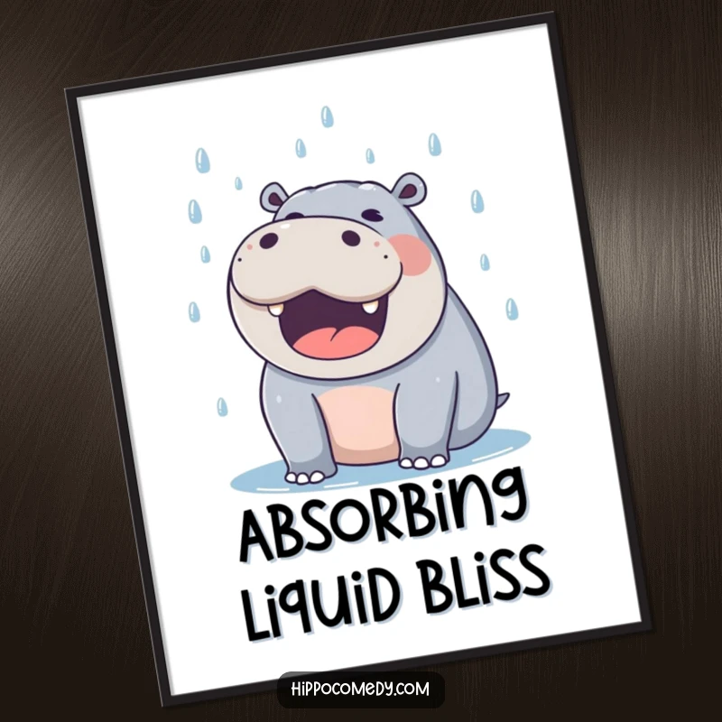 Funny hippo digital art print displaying a delighted hippo with mouth wide open, catching falling raindrops.