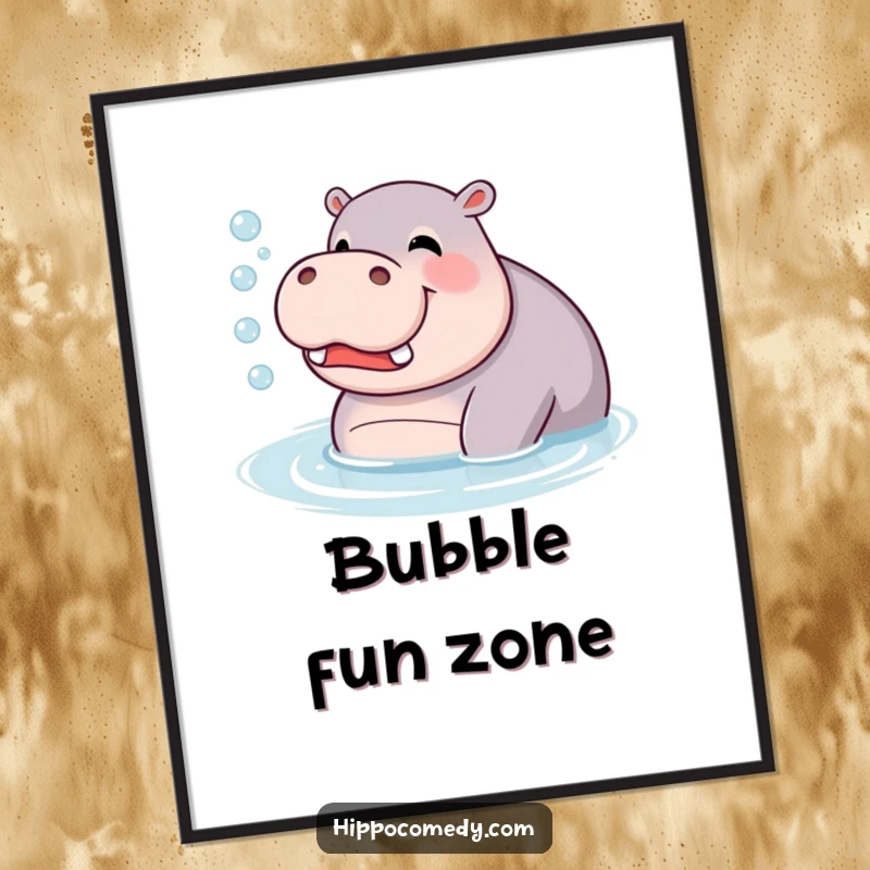Funny Digital Art Print: A giggling hippopotamus blowing bubbles in the water, capturing a moment of pure, bubbly joy.