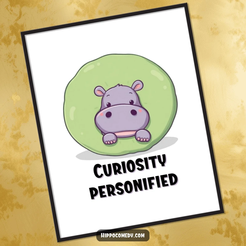 Funny Digital Art Print: A curious hippopotamus peeking from behind a large, round lily pad.