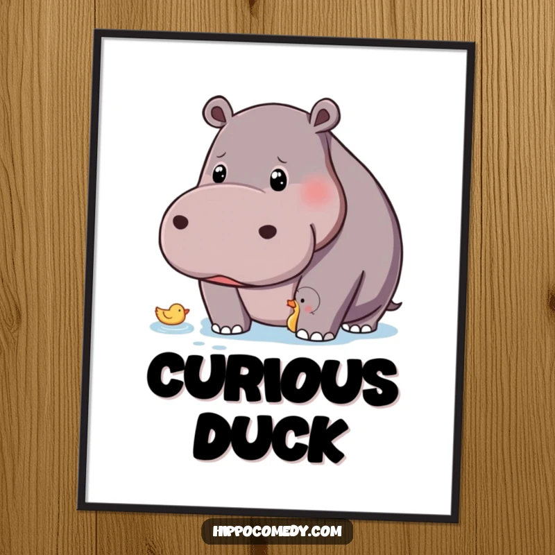 Funny hippo with a curious gaze observing a tiny floating duck, digital art print for instant decor.