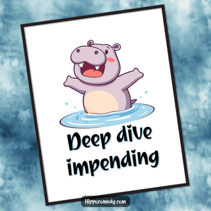Funny digital art print of an excited hippopotamus mid-jump into water, offering an instant humorous and energetic decorative piece.