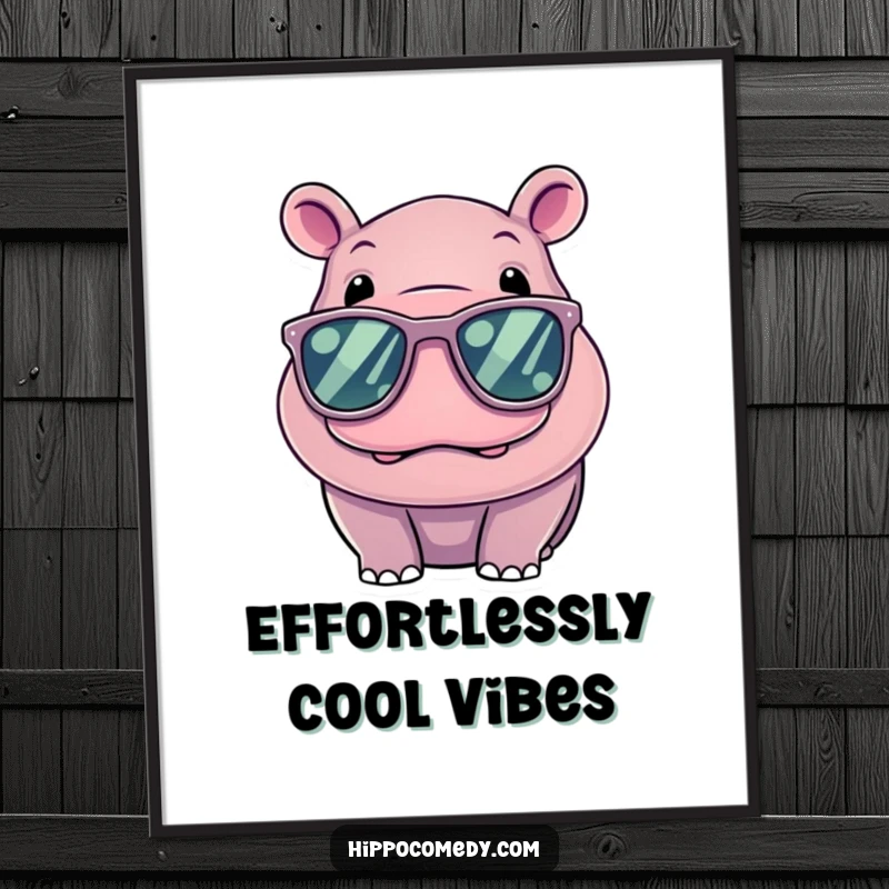 Funny Kawaii Hippo Digital Art Print, a stylish hippo wearing large sunglasses, radiating coolness and charm.