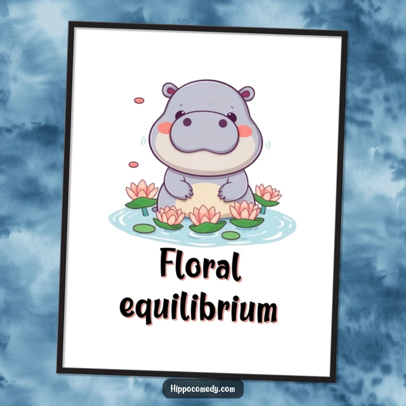 Funny kawaii hippo digital art print of a cute hippo playfully juggling water lilies with its snout, full of playful energy.