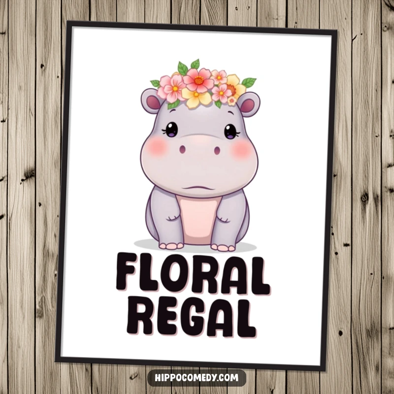 Funny hippo wearing a delicate flower crown, digital art print for instantly adding humorous charm.