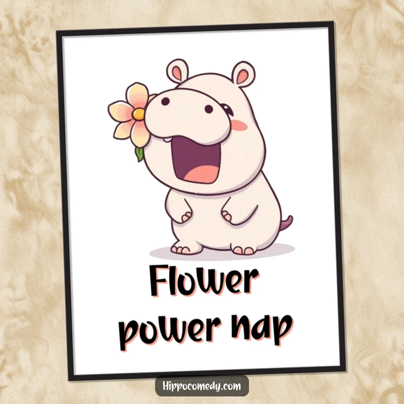 Funny kawaii hippo digital art print of a cute hippopotamus with a flower, yawning widely, conveying ultimate relaxation and adorable charm.