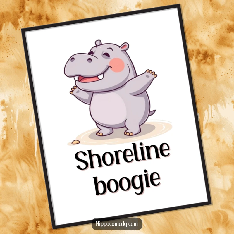 Funny giggling hippo digital art print, showing a hippo doing a silly dance on the shore, full of life and joy.