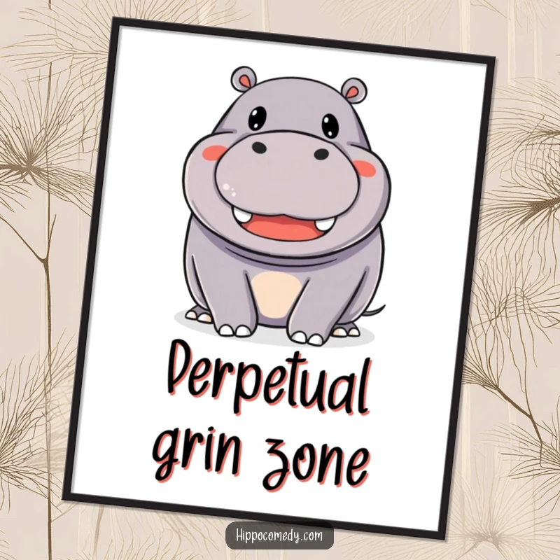 Funny Digital Art Print: A happy hippopotamus with a wide, beaming smile, radiating pure, contagious happiness.