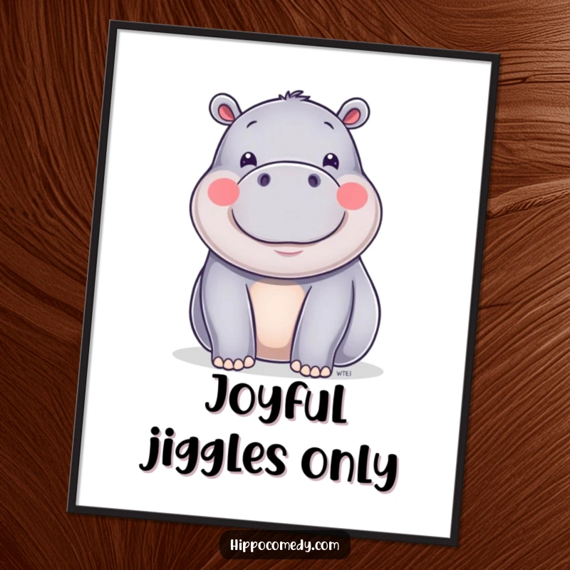 Funny happy hippo with shiny skin doing a little wiggle, available as a digital art print for instant joyful decor.