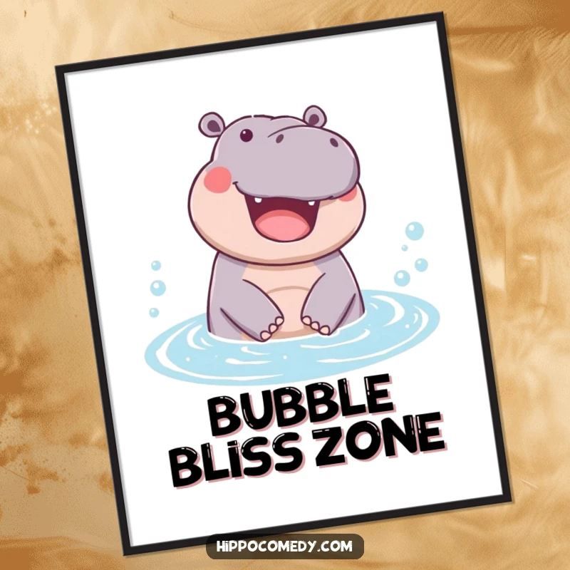 Funny digital art print of a hippopotamus joyfully emerging from a bubbly pool, capturing a moment of carefree delight.