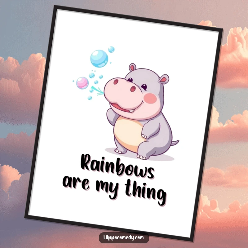 Funny Digital Art Print: A playful hippopotamus blowing a stream of colorful rainbow bubbles.