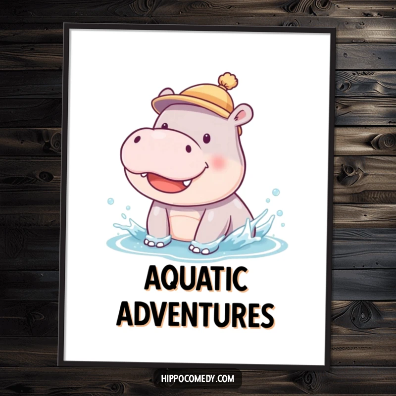 Funny digital art print of a smiling hippopotamus cub wearing a hat, performing a silly and joyful splish-splash.