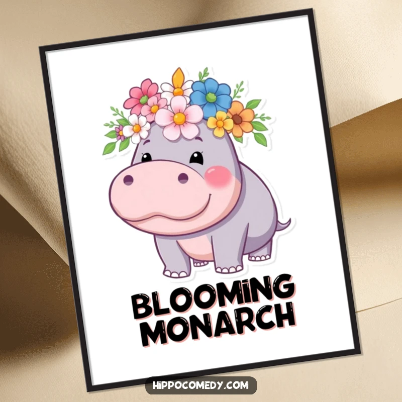 Funny hippo digital art print, depicting a proud hippo wearing a flower crown, perfect for regal and whimsical decor.