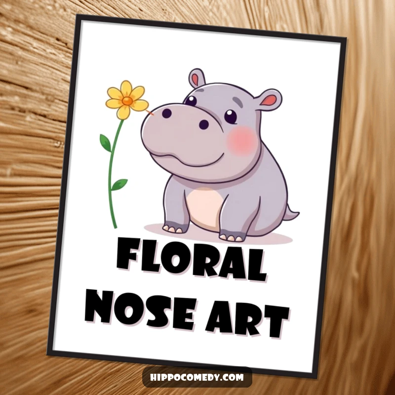 Funny Digital Art Print: A playful hippopotamus balancing a flower on its nose, capturing a moment of delicate whimsy.