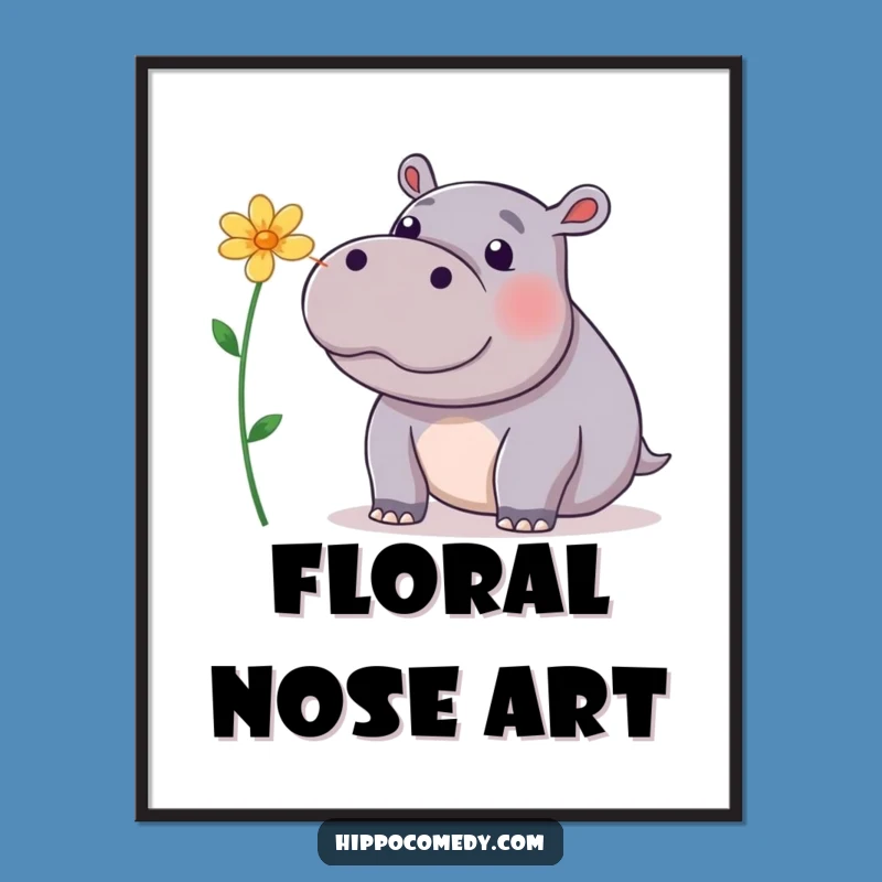 Funny Hippo Flower Nose Digital Art: Balancing Hippopotamus Whimsy, Download Gift