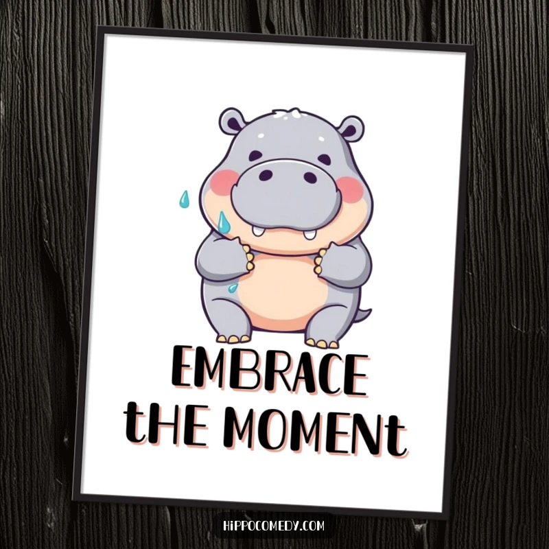 Funny digital art print of a friendly hippopotamus giving a big, wet hug gesture, offering instant humorous and affectionate wall decor.