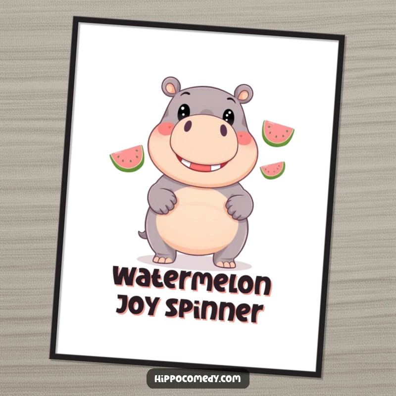 Funny Digital Art Print: A giggling hippopotamus with wide, happy eyes juggles three shiny watermelons.