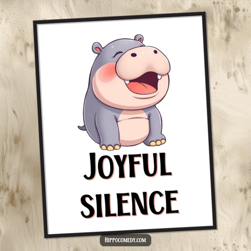 Funny hippo with mouth open in a silent, joyful laugh, digital art print for instant humorous decor.