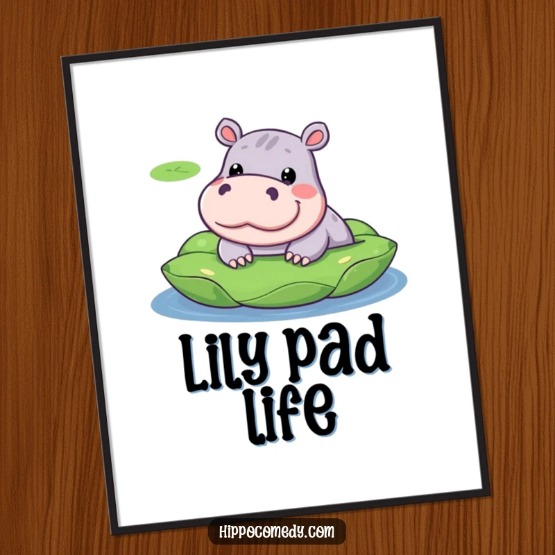 Funny digital art print of a kawaii hippopotamus with a silly expression, peeking out from a lily pad.