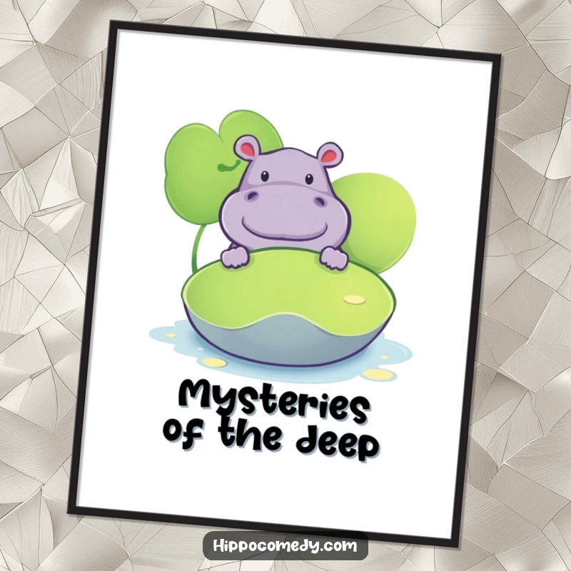 Funny digital art print of a hippopotamus peeking from behind a lily pad, perfect for adding whimsical decor.