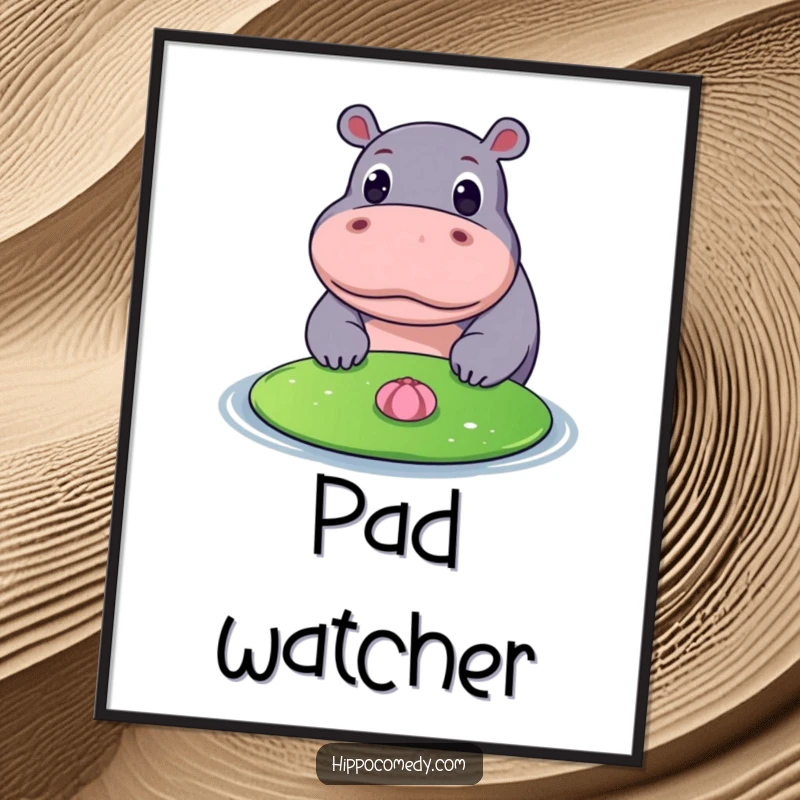 Funny digital art print of a hippopotamus with wide, curious eyes looking at a floating lily pad, capturing a moment of serene contemplation.