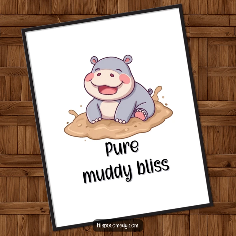 Funny Hippo Mud Rolling Digital Art Print, a joyful hippo gleefully playing and rolling in soft mud.