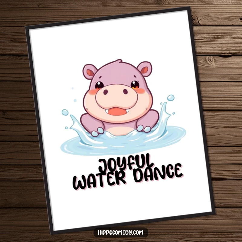 Funny Hippo Pool Digital Art Print featuring a cute hippopotamus character splashing joyfully in a pool. Whimsical animal illustration, perfect for wall art and immediate download.