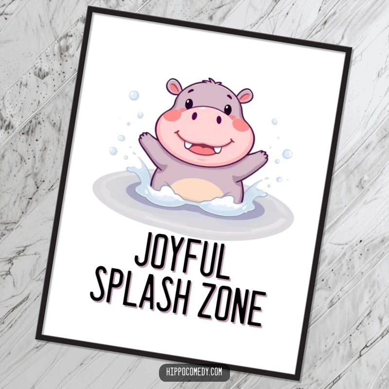 Funny Digital Art Print: A cute hippopotamus joyfully splashing in a bubbly puddle, capturing a moment of pure bliss.