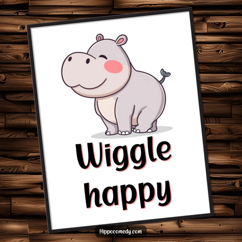 Funny digital art print of a hippopotamus doing a silly wiggle with its stubby tail, capturing a moment of uninhibited silliness.
