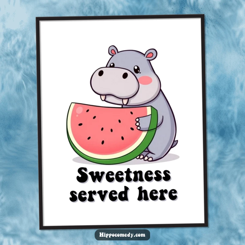 Funny digital art print of a kawaii hippopotamus offering a giant watermelon slice, bringing instant cute and humorous vibes to decor.