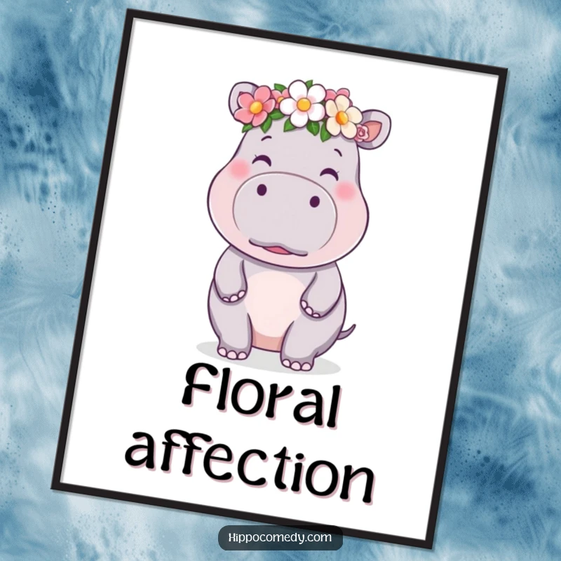 Funny kawaii hippo digital art print of a cute hippo wearing a flower crown and blowing a kiss, full of adorable charm.