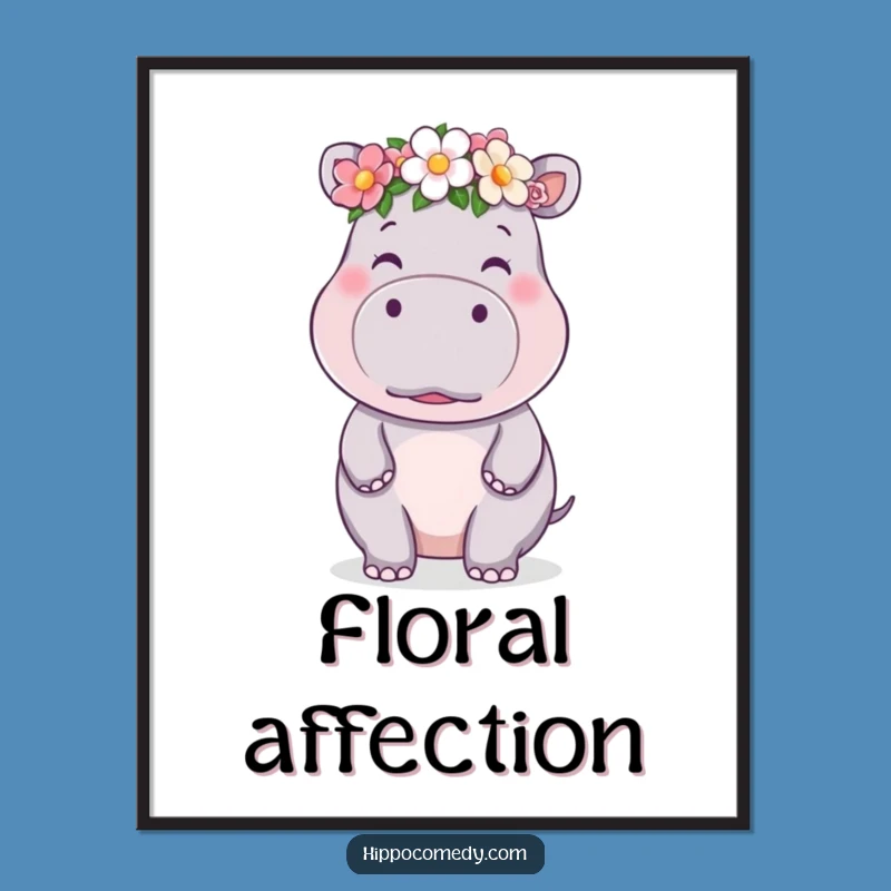 Funny Kawaii Hippo Flower Crown Kiss Digital Art - Cute Decor Gift