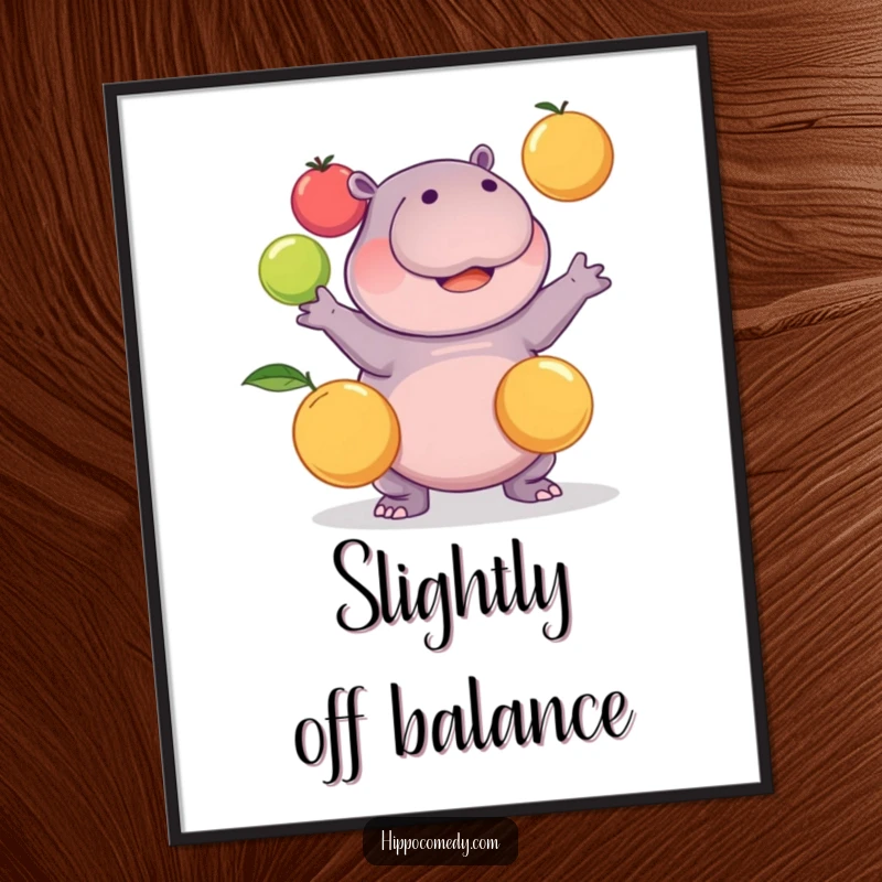 Funny kawaii hippopotamus comically juggling three round fruits, offered as a digital art print for instant humorous wall decor.
