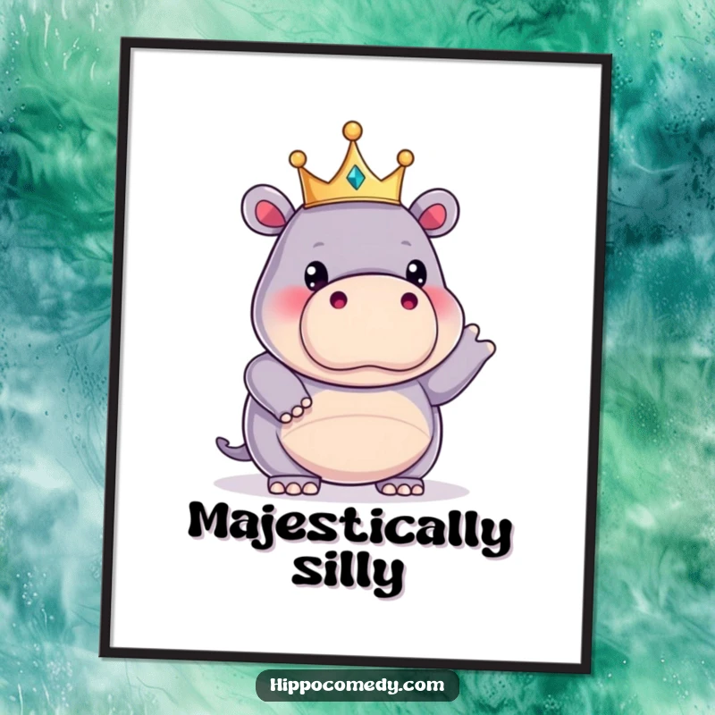 Funny kawaii hippopotamus wearing a tiny crown, striking a funny pose on a digital art print, offering majestic, comical wall decor.