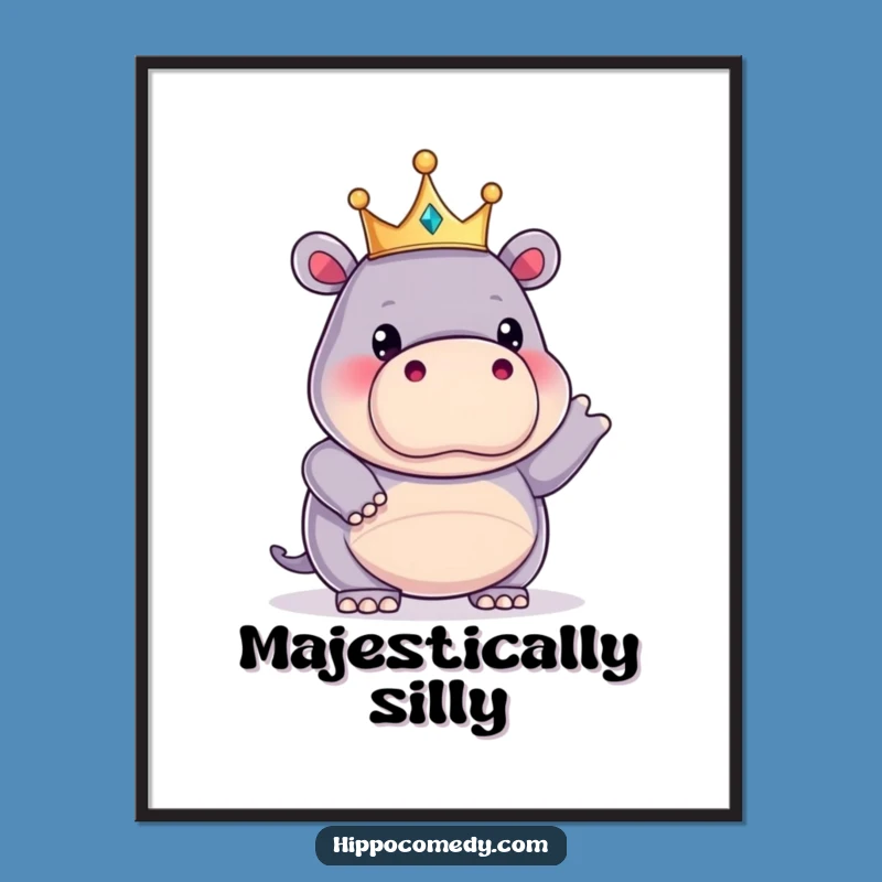 Funny Kawaii Hippo King Digital Art Print: Majestic Humor for Your Walls