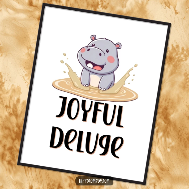 Funny kawaii hippo digital art print of a cute hippo joyfully splashing in mud, full of adorable energy.