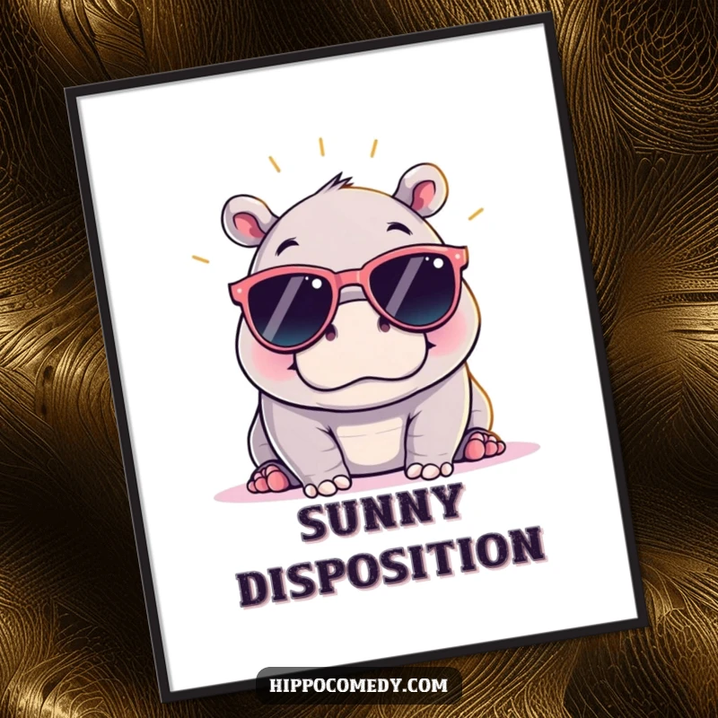 Funny kawaii hippopotamus in oversized sunglasses, digital art print radiating chill vibes, perfect for immediate whimsical decoration.