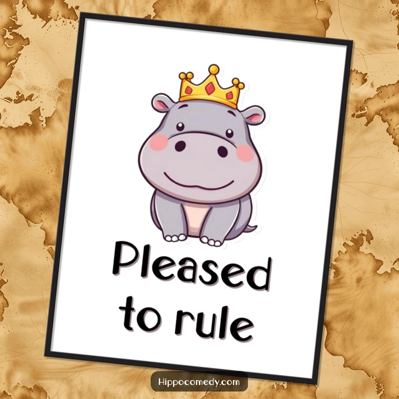 Funny Hippo Crown Digital Art: A silly cartoon hippo wears a small crown and looks smugly pleased, radiating royal charm.