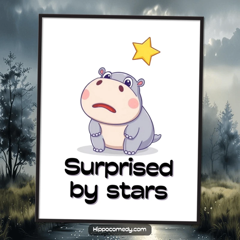 Funny digital art print of a surprised hippo watching a sparkling star, perfect for humorous wall decor and instant downloads.