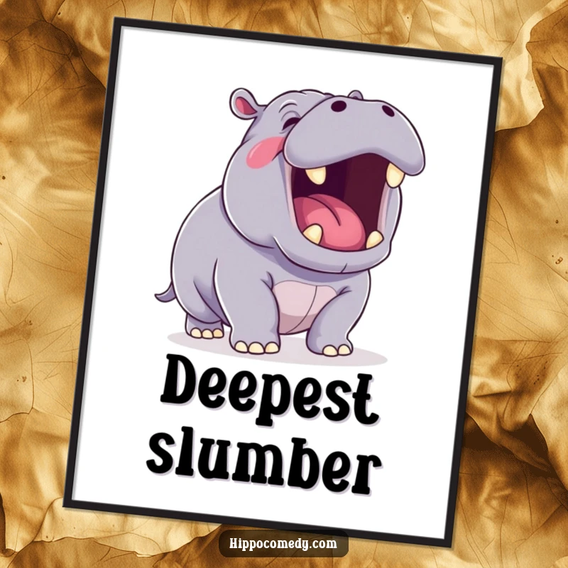 Funny Yawning Hippo Digital Art Print of a kawaii hippopotamus yawning, ready to be printed and displayed for humorous home decor.