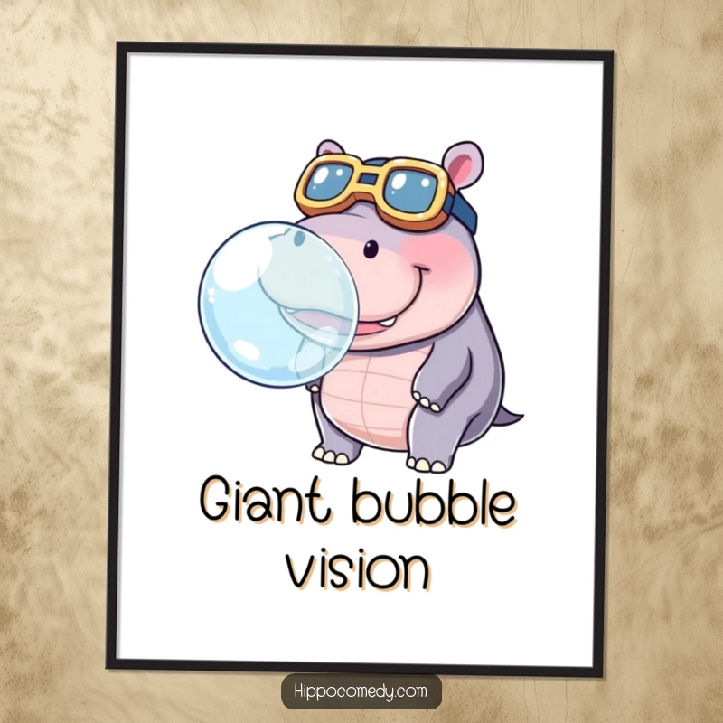 Funny digital art print of a kawaii hippopotamus wearing oversized goggles, blowing a large bubble with a happy expression.