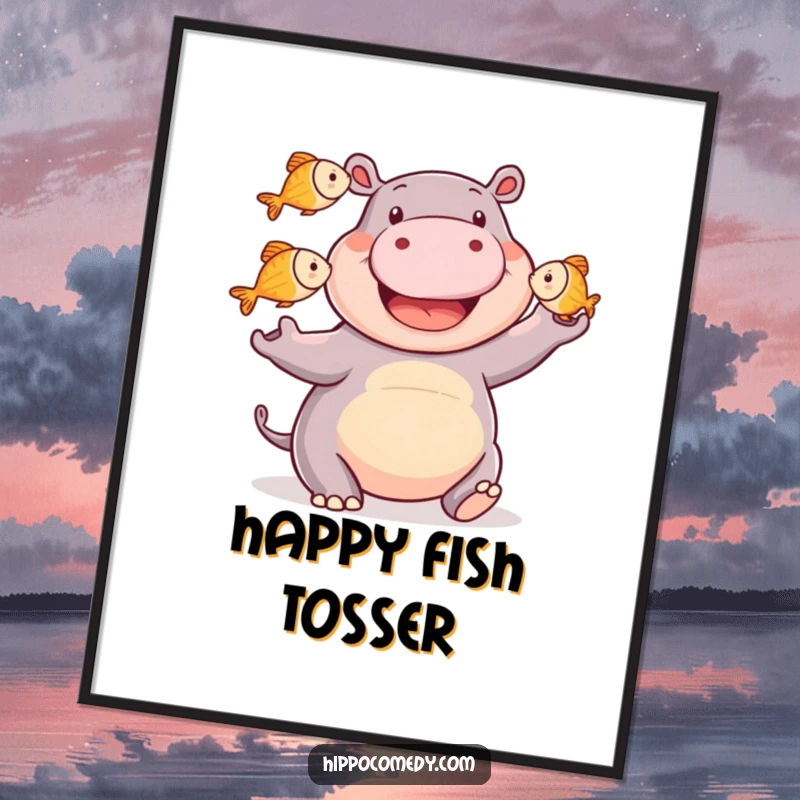 Funny happy hippo digital art print of a smiling hippopotamus juggling three small fish, showcasing incredible balance and humorous aquatic talent.