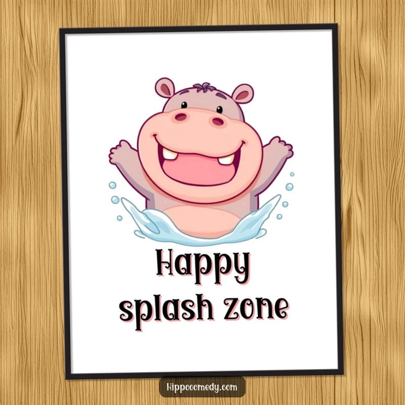 Funny digital art print of a chubby hippo with a wide grin, enthusiastically splashing water, perfect for instant download and vibrant humor.