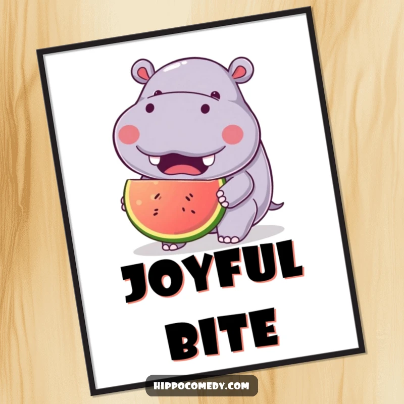 Funny Hippo Fruit Digital Art Print of a kawaii hippopotamus with a joyful expression, eating a large fruit, ready for humorous home display.