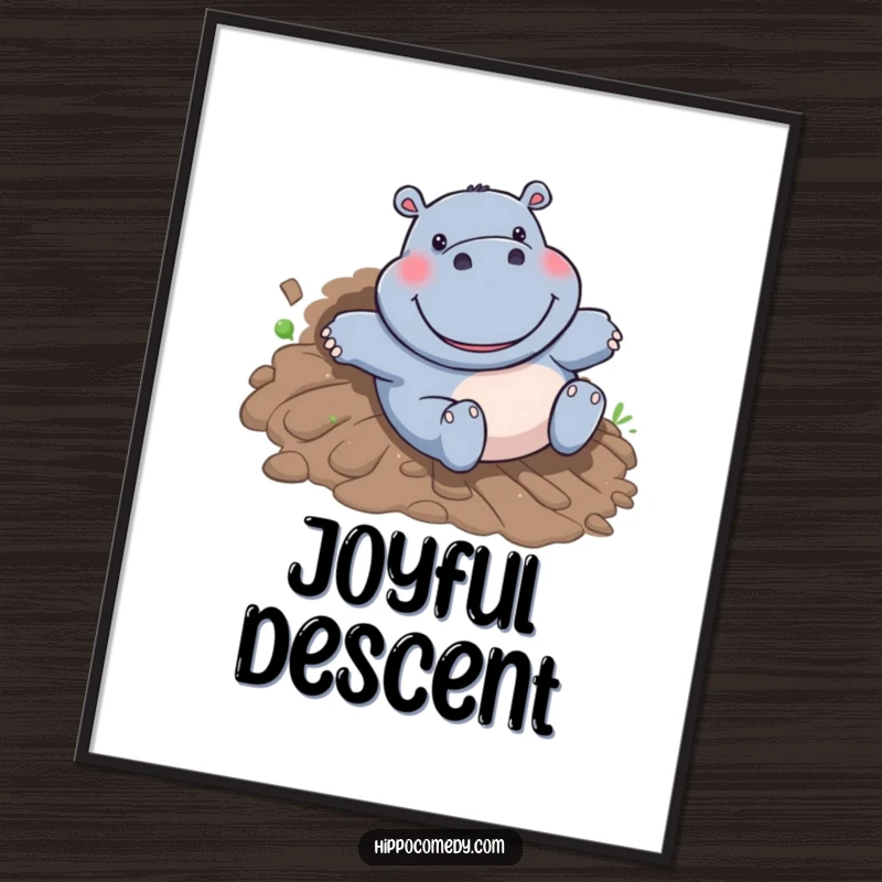 Funny Hippo Digital Art: A happy cartoon hippo with a massive grin slides down a muddy hill, conveying pure, uninhibited fun.