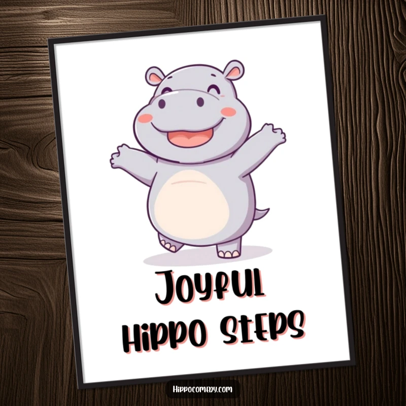 Funny digital art print of a joyful hippo doing a dance with wiggling feet, perfect for humorous wall decor.